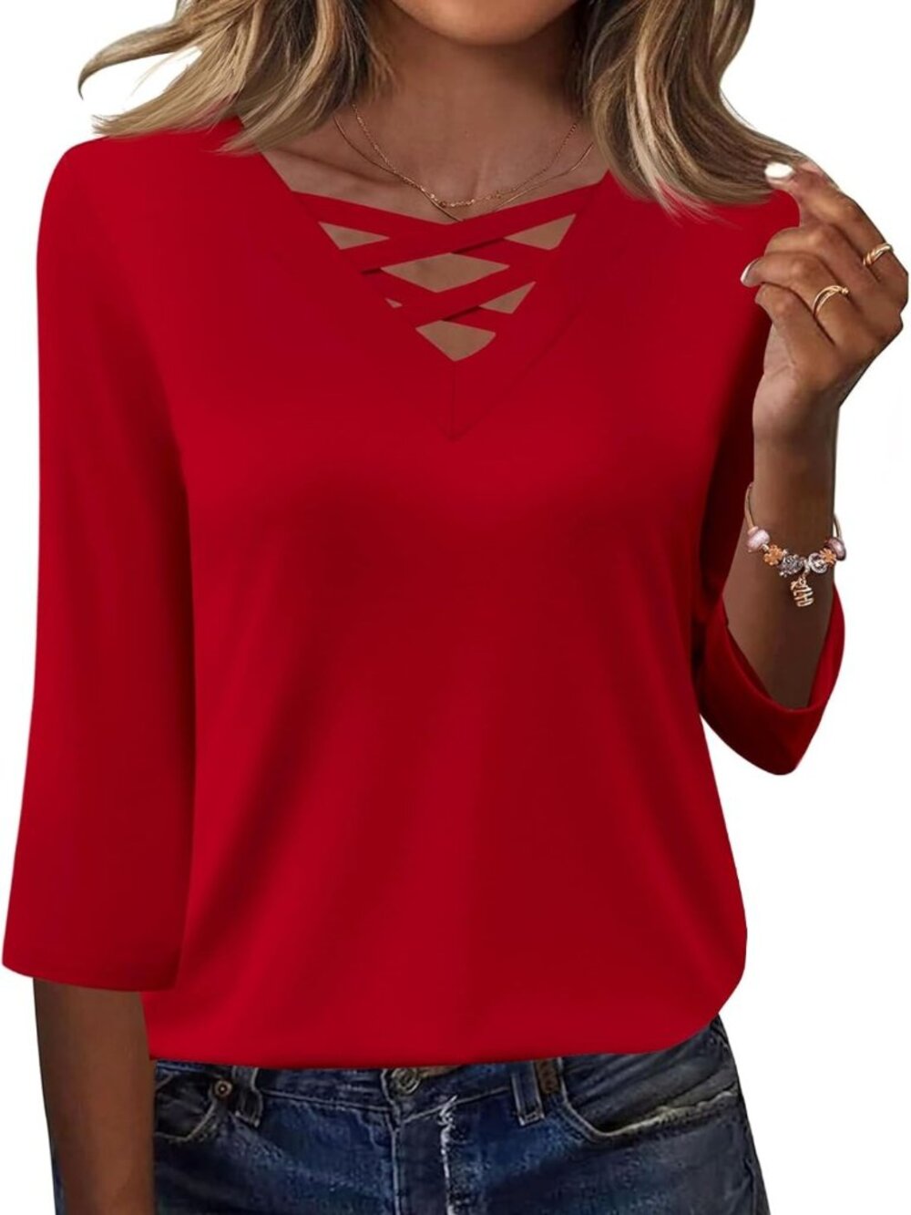 Stylish Women's 3/4 Sleeve V-Neck Blouse - Casual Spring Tops & Criss Cross Tees